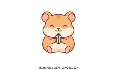 A simple vector illustration of a small orange hamster with a smiling face holding a single sunflower seed in its tiny paws