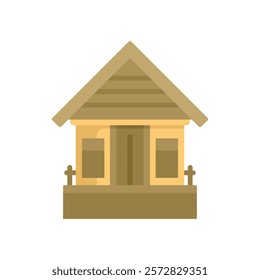 Simple vector illustration of a small wooden bungalow with a porch and a gable roof, isolated on white background