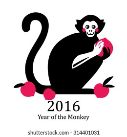 Simple vector illustration of a smiling monkey with red peaches. Chinese zodiac symbol. Stylized black macaque isolated on white background. Horoscope sign. Stylized astrological animal