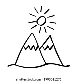 A simple vector illustration with snow-capped mountain peaks and the sun above them. Black and white sketch for emblems, logos, tourist flyers and banners.