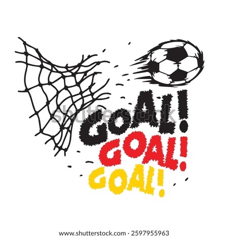 simple vector illustration of a soccer ball smashing through the net, tearing it apart, with the bold text "GOAL!" below. Perfect for sports themed designs, posters, and merchandise.