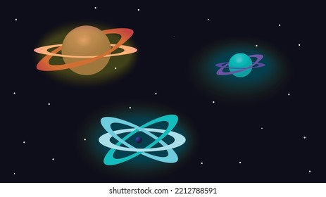 Simple vector illustration of space. Three planets in different colors with rings around each other. Space, stars, planets, rings. A galaxy far, far away, alien life. Glow around the planets.