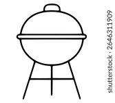 A simple vector illustration of a spherical barbecue grill with a lid, featuring a minimalist line art style and a three-legged stand.
