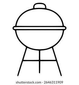 A simple vector illustration of a spherical barbecue grill with a lid, featuring a minimalist line art style and a three-legged stand.