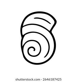 Simple vector illustration of a spiral seashell. A black outline creates a cartoon-style icon, designed for use in summer and ocean themed projects