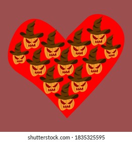 Simple ilustración vectorial de calabazas espeluznantes de Halloween con sombrero de bruja formando un símbolo de amor con fondo de sangre roja