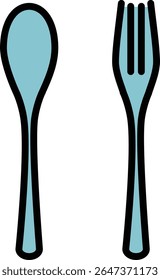 Ilustração vetorial simples de colher e garfo em azul com estilo de arte de linha em fundo branco|conjunto de ícones de talheres