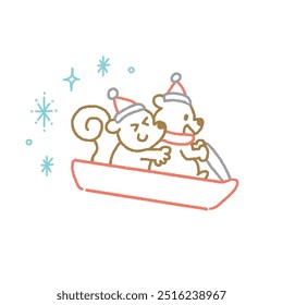 Simple vector illustration of squirrels playing on a sled