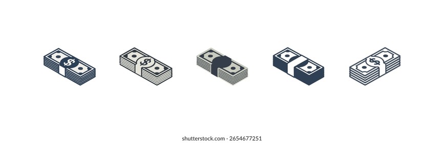 Simples ilustração vetorial de pilhas de dinheiro Esta imagem apresenta três variações de cores diferentes de um gráfico isométrico de notas de dólar americano empacotado.