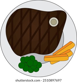 A simple vector illustration of a steak dinner plate with French fries and peas.