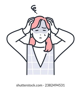 A simple vector illustration of a stylish young woman holding her head and worrying.