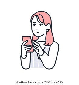 Una simple ilustración vectorial de una joven elegante que opera un smartphone con una sonrisa