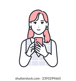 Una simple ilustración vectorial de una joven elegante mirando su smartphone con una sonrisa