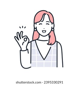 A simple vector illustration of a stylish young woman smiling and giving an OK sign