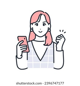 A simple vector illustration of a stylish young woman holding a smartphone and doing a fist pump