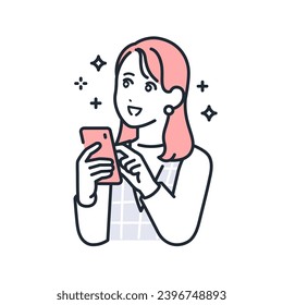 A simple vector illustration of a stylish young woman holding a smartphone and looking forward to it.