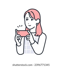 A simple vector illustration of a stylish young woman watching video content on her smartphone