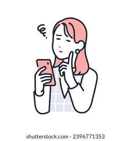 A simple vector illustration of a stylish young woman holding a smartphone and worrying.