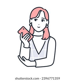 Simple vector illustration of a stylish young woman smiling and holding a smartphone