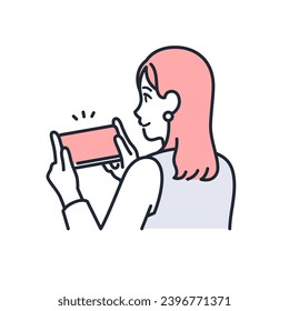 A simple vector illustration of a stylish young woman playing games on a smartphone