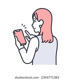 A simple vector illustration of a stylish young woman operating a smartphone with a smile