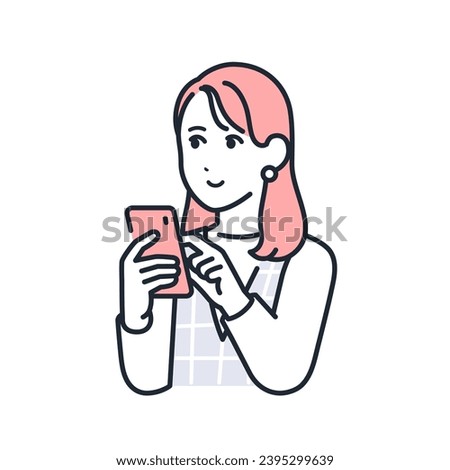 A simple vector illustration of a stylish young woman operating a smartphone with a smile