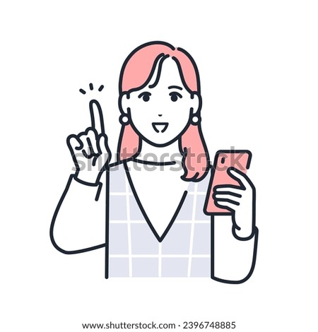 A simple vector illustration of a stylish young woman holding a smartphone and explaining