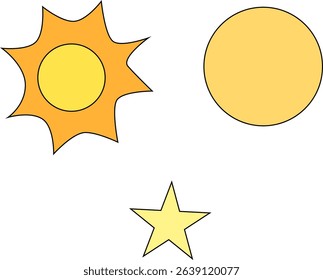 Simple Vector Illustration of Sun, Star, and Circle Shapes in Bright Colors for Educational, Design, and Graphic Art Projects