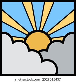 A Simple Vector Illustration Of A Sunrise With An Orange Sun And Yellow Rays Peeking Through Clouds Against A Blue Sky In A Black Square Frame