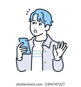 A simple vector illustration of a surprised young man in casual clothes holding a smartphone.
