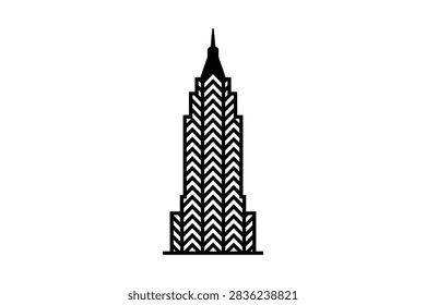 Simple vector illustration of a tall building silhouette with geometric chevron patterns isolated on a white background