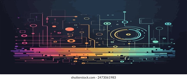 A simple vector illustration of a technology abstract background with minimalistic lines and circuit patterns in RGB colors.