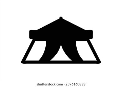 A simple vector illustration of a tent featuring a pointed roof and hanging curtains. This design is commonly used for outdoor events, fairs, or festivals, providing shade and shelter.