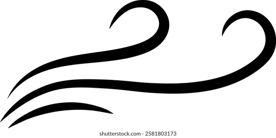 Simple vector illustration of three black curved lines forming a stylized representation of wind blowing from left to right, isolated on white background