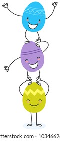 Simple vector illustration of three colorful flat design easter egg cartoon characters standing on top of each other isolated on white background