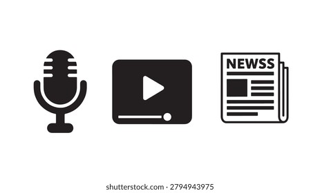 A simple vector illustration of three icons: a microphone, a play button, and a newspaper, arranged side by side on a plain white background, conveying a media and news theme.