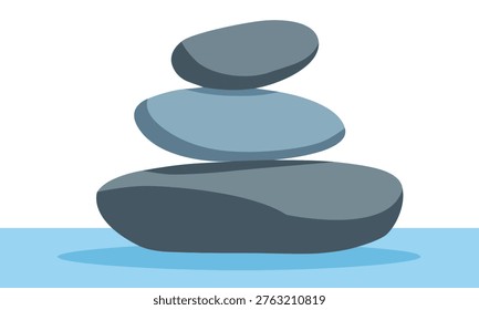 Simple vector illustration of three stones stacked on top of each other on a beach. Concept of zen, balance, harmony, and meditation.