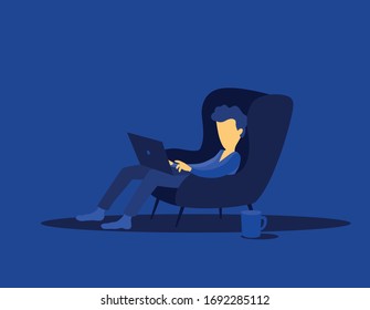 simple vector illustration of a tired man working with his laptop sitting in an armchair at night 