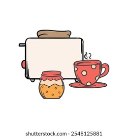 A simple vector illustration of a toaster, a cup of hot tea and a jar of jam. Hand drawn image of kitchen utensils, cafe, restaurant, cooking. Set of elements and icons for design and decoration