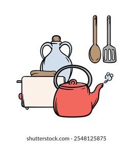 Simple vector illustration with toaster, kettle, decanter and kitchen spatulas. Hand drawn image of kitchen utensils, cafe, restaurant, cooking. Set of elements and icons for design and decoration