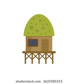 Simple vector illustration of a tropical bungalow on stilts with a green roof