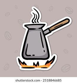 A simple vector illustration of a Turkish coffee pot. Hand drawn illustration for sticker, emblem, label, price tag. Colored casual icon for the design of a cafe, restaurant