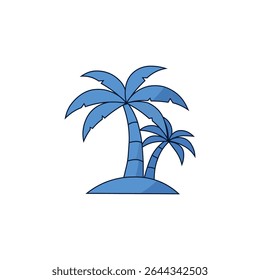 Simple vector illustration of two blue palm trees on a small patch of land, symbolizing a tropical beach, Ideal for travel agencies, holiday promotions, tourism websites.