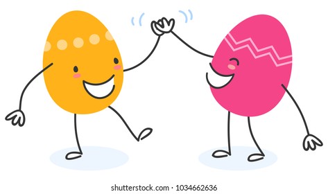 Simple vector illustration of two colorful flat design easter eggs, cartoon characters, giving high five isolated on white background