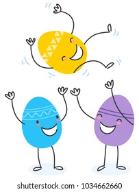Simple vector illustration of two colorful flat design easter egg cartoon characters throwing one up in the air isolated on white background