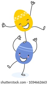 Simple vector illustration of two colorful flat design easter egg cartoon characters standing on top of each other isolated on white background