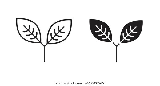 Ilustração vetorial simples de duas folhas, uma arte de linha e uma preenchida, isolada em branco.