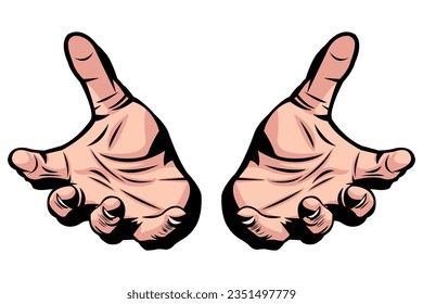 Simple vector illustration of two open hands. Human body. Body part. Human hands. Male hands. Two hands. Open Arms. Prayer gesture. Begging for something.