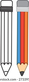 Ilustración vectorial simple de dos lápices uno al lado del otro en estilos de contorno y color plano
