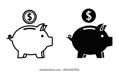 Simple vector illustration of two piggy banks with dollar signs and coins above, representing saving and finance concepts.